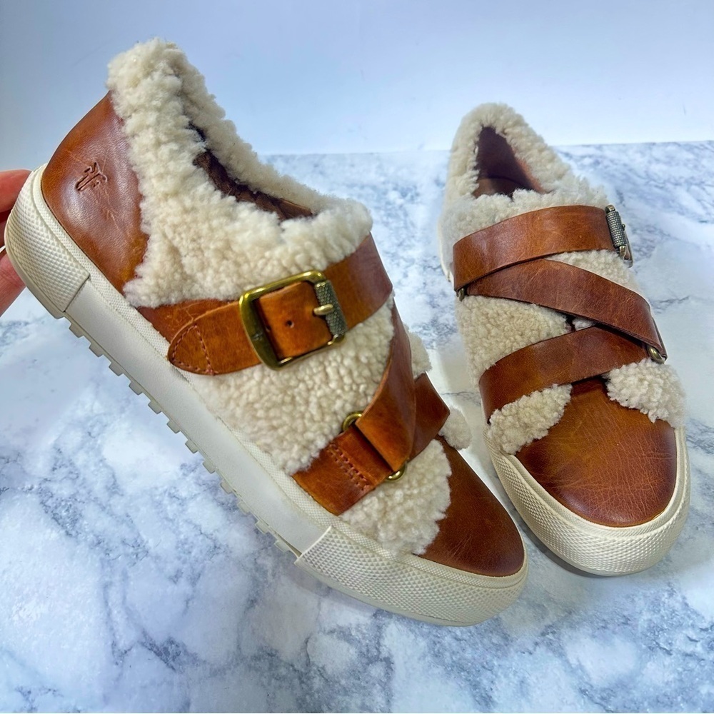 Frye Leather Shearling fur Gia Moto Low Shoes brown leather buckle sneakers
